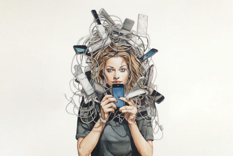 Frau, die von Smartphones verschlungen wird Foto: Jf-Illustration mit Journey