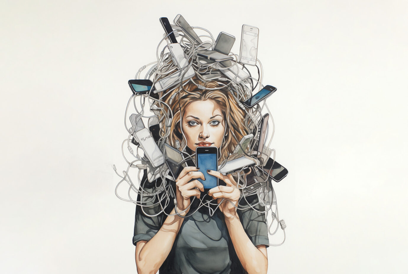 Frau, die von Smartphones verschlungen wird Foto: Jf-Illustration mit Journey