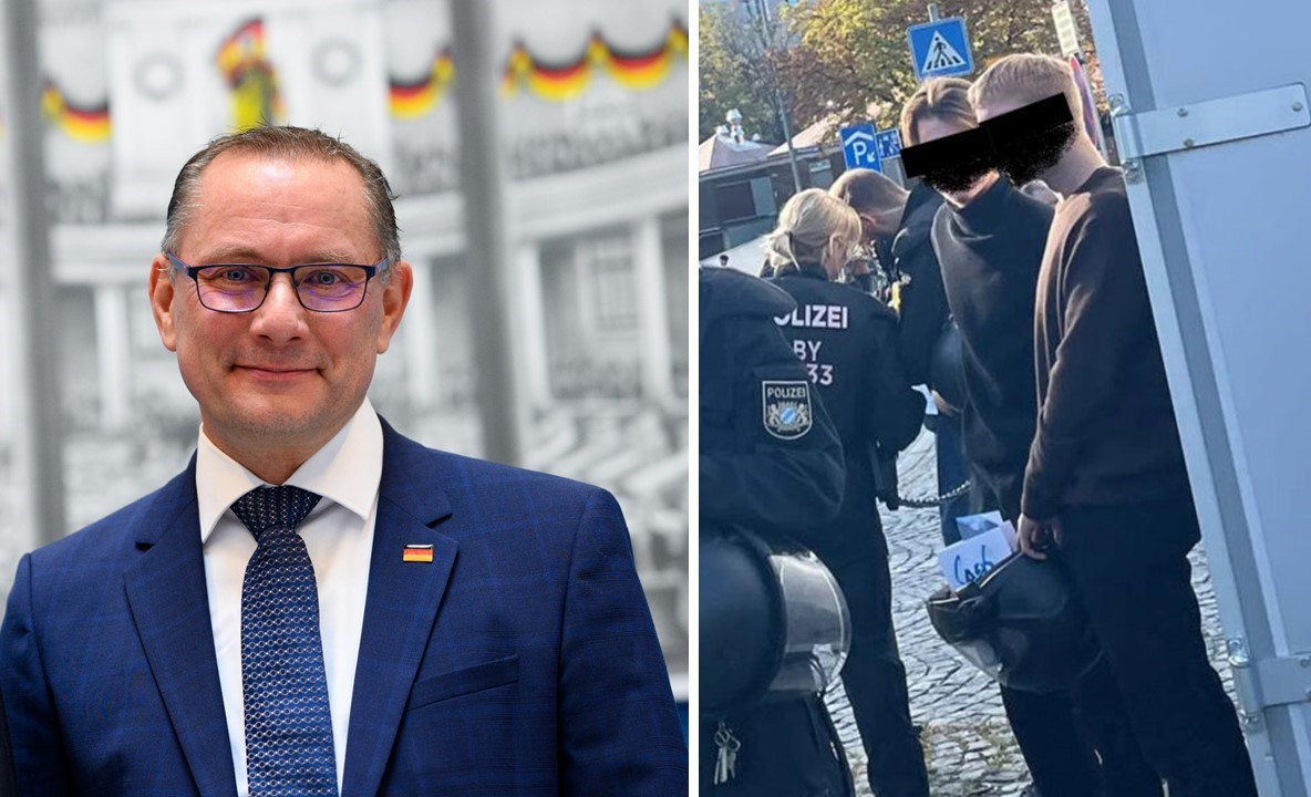 AfD-Chef Tino Chrupalla bei der heutigen Fraktionssitzung und die beiden Männer, die die Polizei in Ingolstadt nach dem Vorfall festhielt.