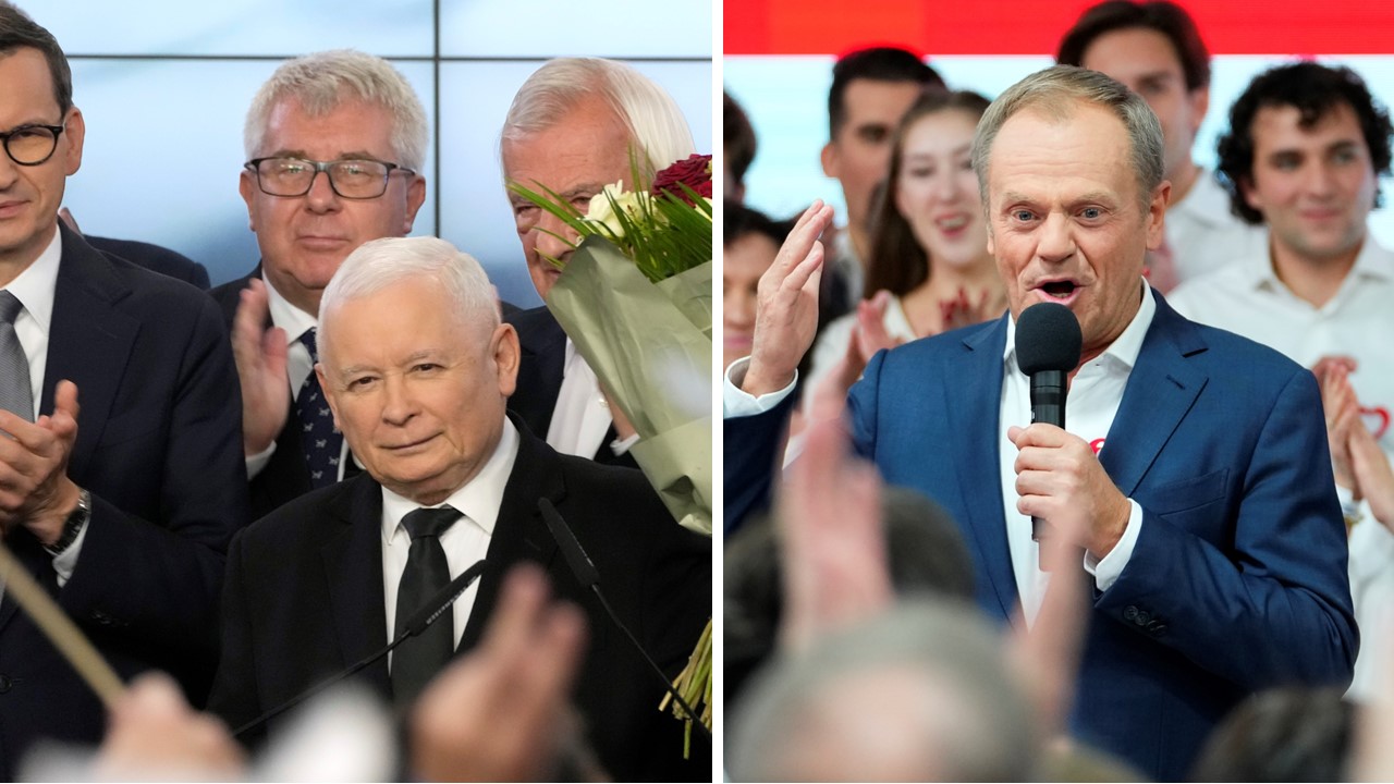 Regierungwechsel in Polen? PiS-Chef Jaroslaw Kaczynski und Herausforderer Donald Tusk bei ihren Wahlpartys am Sonntagabend.