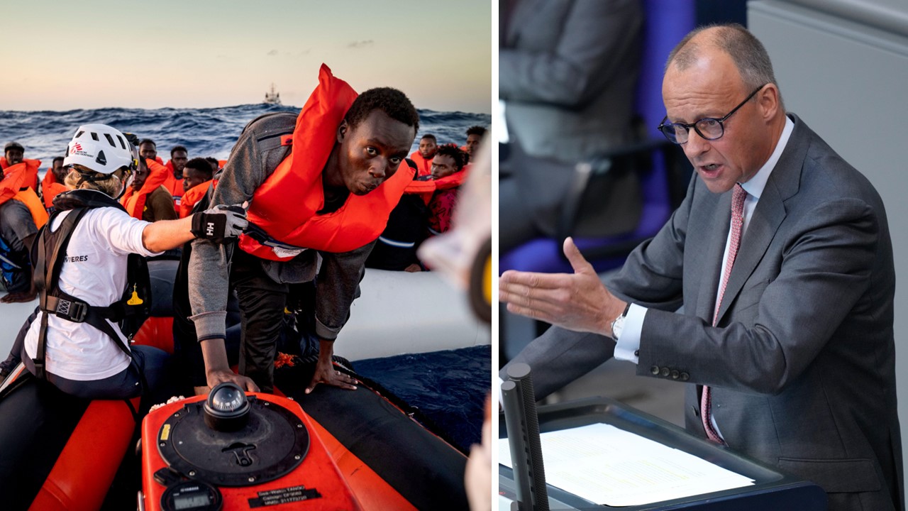 Afrikaner verlassen ihr Schlauchboot und gehen an Bord eines privaten Seenotretter-Bootes, das sie nach Europa bringt. Die CDU/CSU-Fraktion von Friedrich Merz stimmte dafür, dies mit Steuergeldern zu fördern.
