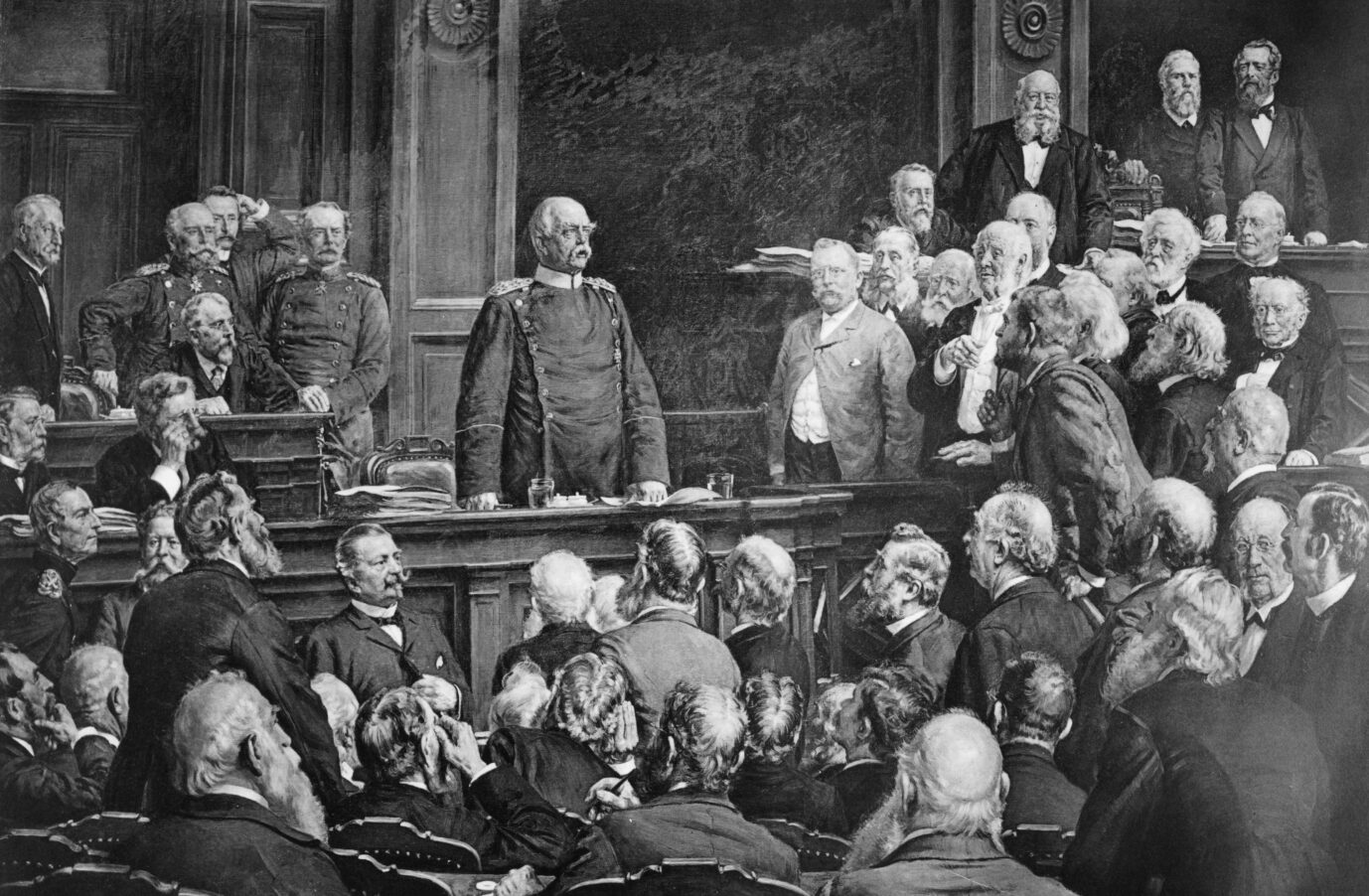 Reichskanzler Otto von Bismarck (Mitte, stehend) : Das Dreikaiserabkommen war Grundstein seiner Bündnispolitik.