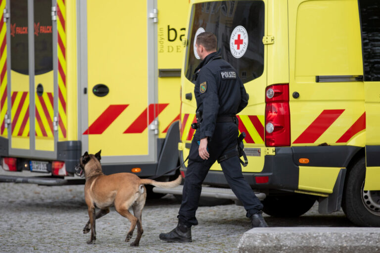 Ein Polizist sucht nach einer Bombendrohung gegen eine Schule in Sachsen mit einem Sprengstoffspürhund das Schulgeländer ab Foto: picture alliance/dpa | Rocci Klein