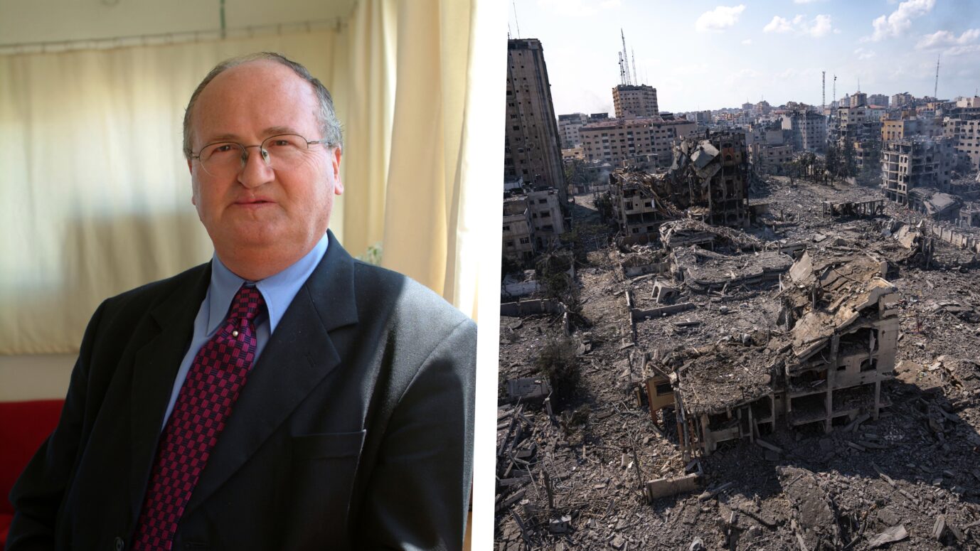 Links in der Collage ist der israelische Militärexperte Martin van Creveld, rechts die Ruinen eines Gebäudes in Gaza. (Themenbild)
