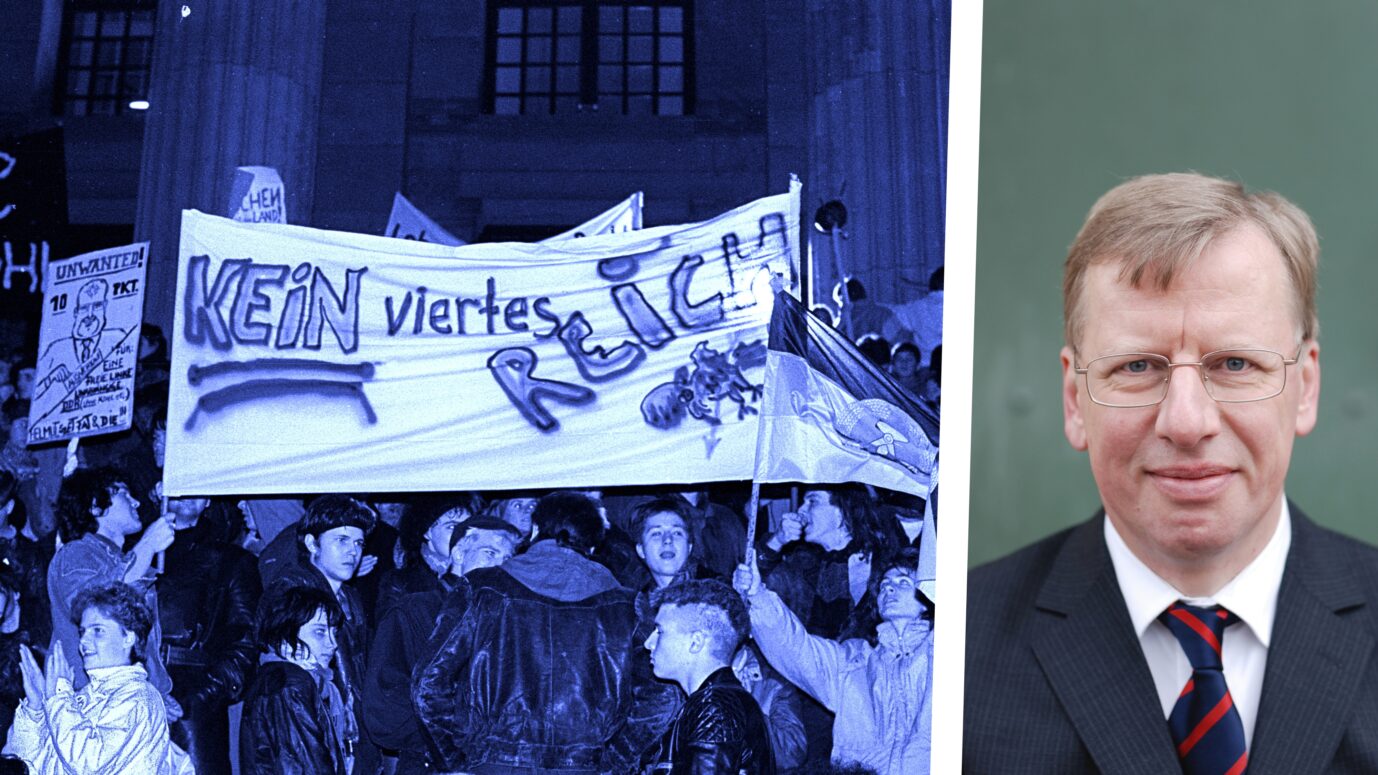Links in der Collage befinden sich die Proteste gegen Deutschlands Wiedervereinigung. Rechts sieht man Thorsten Hinz.