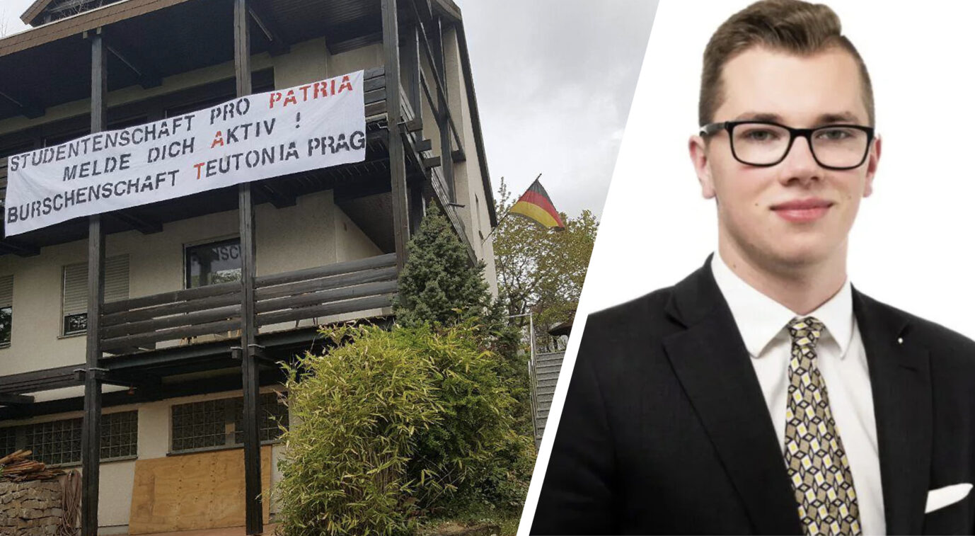 Daniel Halemba Landtagsabgeordneter der AfD und das Haus der Burschenschaft Teutonia Prag zu Würzburg mit einem aufgehängten Plakat