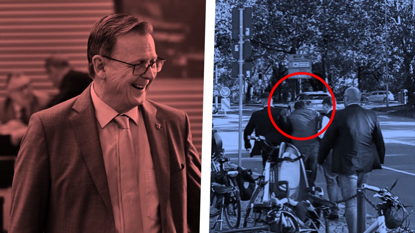 Links im Bild befindet sich Bodo Ramelow von der Linkspartei. In seinem Tweet zum Vorfall in Ingolstadt verhöhnt er indirekt den rechts im Bild stehenden und von der Polizei weggetragenen AfD-Bundesvorsitzenden Tino Chrupalla.