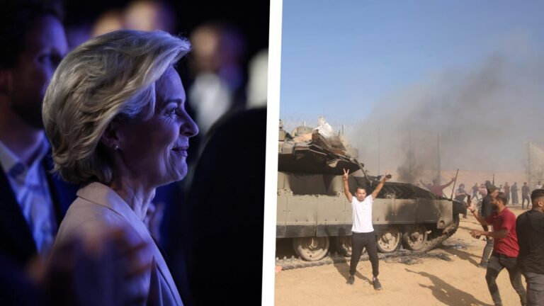 Links im Foto befindet sich EU-Präsidentin Ursula von der Leyen, rechts militante Palästinenser von der islamistischen Hamas. (Themenbild)