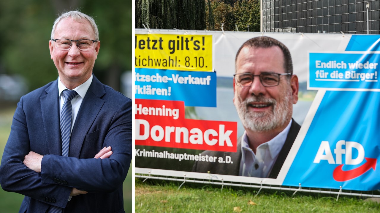 Die AfD erhebt im Zusammenhang mit der Wahl in Bitterfeld-Wolfen schwere Vorwürfe gegen Oberbürgermeister Armin Schenk (CDU, links). Sein Kontrahent, AfD-Kandidat Henning Dornack, fühlt sich betrogen.