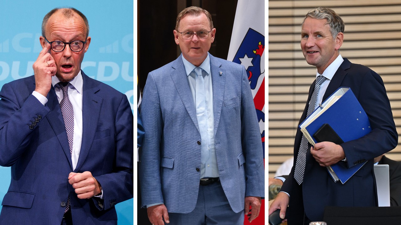 CDU-Chef Friedrich Merz in der Zwickmühle: Soll seine Partei in Thüringen mit der Linken von Bodo Ramelow oder mit der AfD von Björn Höcke (rechts) kooperieren?