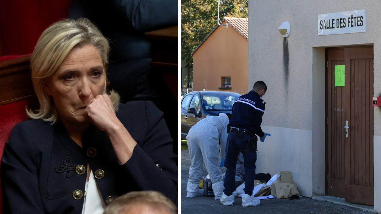Marine Le Pen ist erschüttert. Polizisten sichern Spuren am Festsaal, dem Ort des Blutbades in Crépol, Frankreich.