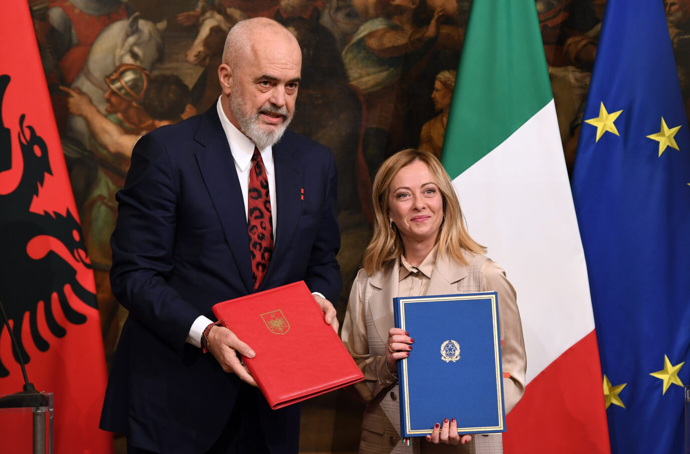 Italy, Rome - November 6, 2023 Immigration agreement Prime Minister Giorgia Meloni meets Prime Minister of the Republic of Albania, Edi Rama. Italy plans to construct two migrant centers in Albania to temporarily accommodate migrants rescued at sea
