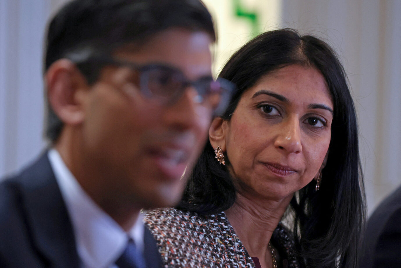 Suella Braverman sacked. File photo dated 03/04/23 of Prime Minister Rishi Sunak and (then) Home Secretary Suella Braverman during a visit to a hotel in Rochdale, Greater Manchester, for a meeting of the Grooming Gangs Taskforce. Issue date: Monday November 13, 2023. Suella Braverman has been sacked as home secretary, No 10 sources confirmed, saying Prime Minister Rishi Sunak asked her to leave the Government. See PA story POLITICS Reshuffle. Photo credit should read: Phil Noble/PA Wire URN:74557169