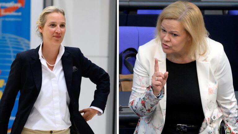 Innenministerin Nancy Faeser (SPD, rechts) will Kontakte zwischen der AfD von Alice Weidel und der Wirtschaft verhindern.