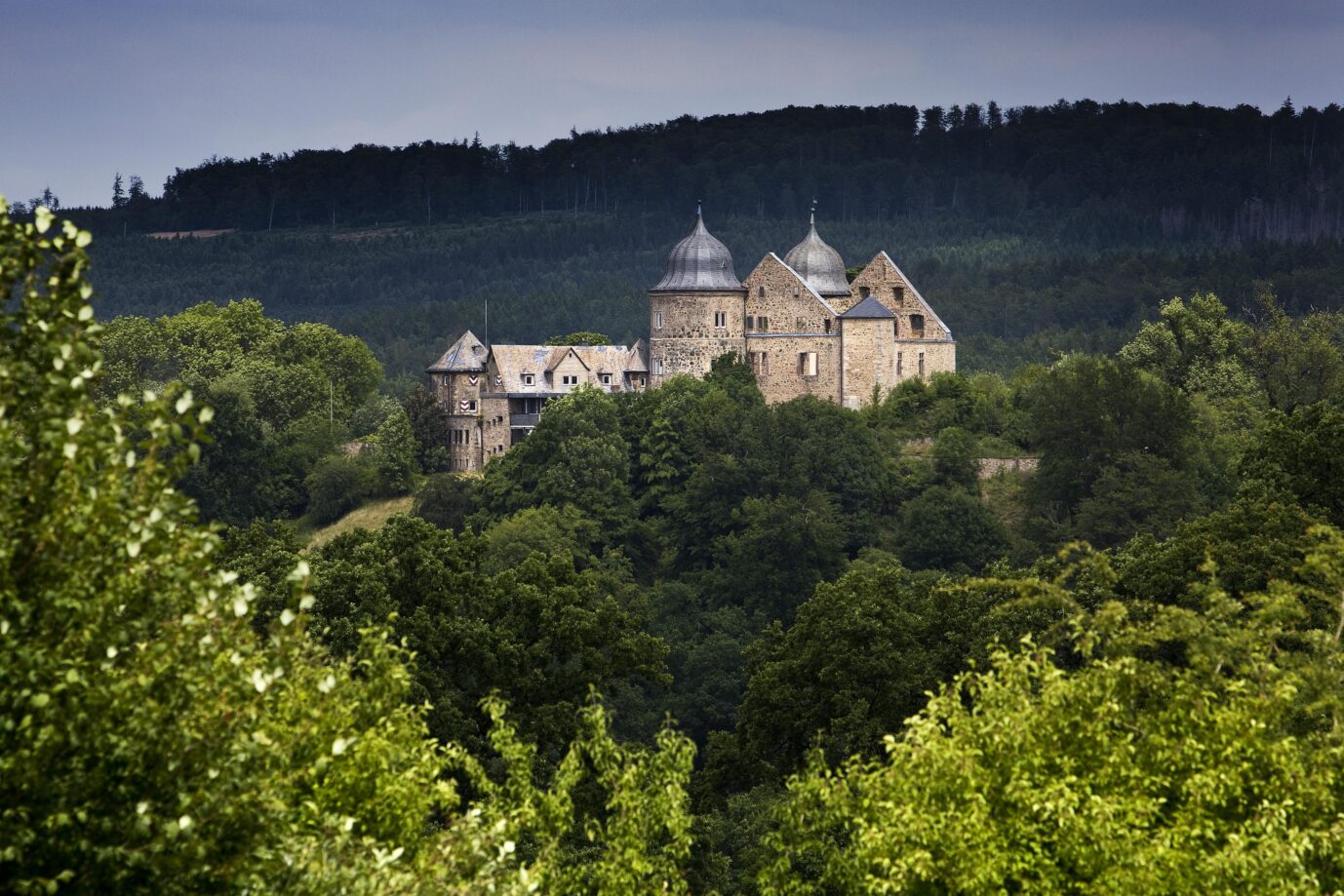 Sababurg, im Volksmund nach dem Brüder-Grimm Märchen Dornröschenschloss genannt, Hofgeismar, Reinhardswald, Hessen, Deutschland, Europa. Der Wald gilt als der Märchenwald schlechthin.