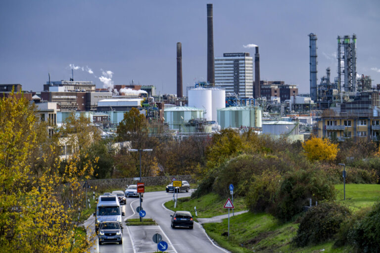 Kulisse des Chempark Leverkusen, Bayer Leverkusen, Chemiepark, Chemiewerk, Rheinallee im Norden der Stadt, Neulandpark, Leverkusen, NRW, Deutschland. Will die AfD ihn zerstören?