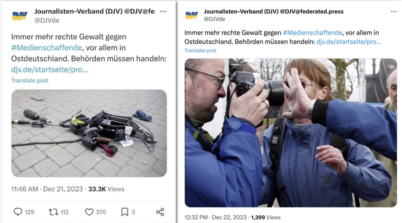 Linksextremer Angriff auf Journalisten: Original-Post (links) und Neuauflage (rechts)