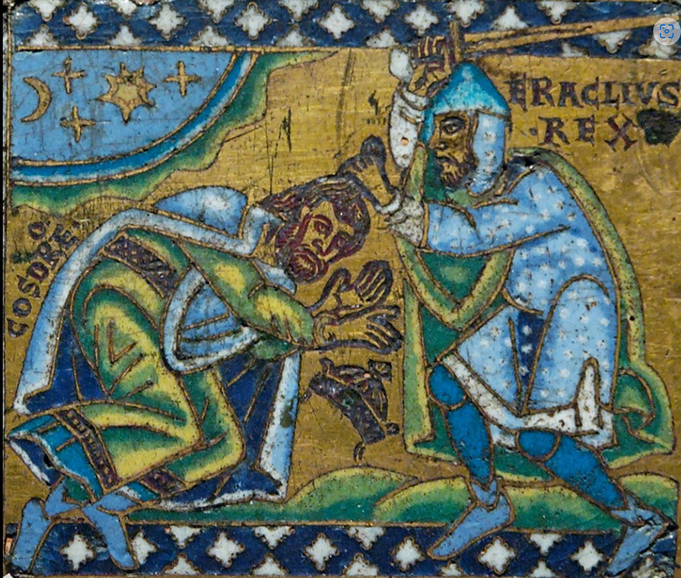 Der byzantische Kaiser Herakleios besiegt seinen persischen Gegner und gewinnt das Heilige Kreuz zurück.