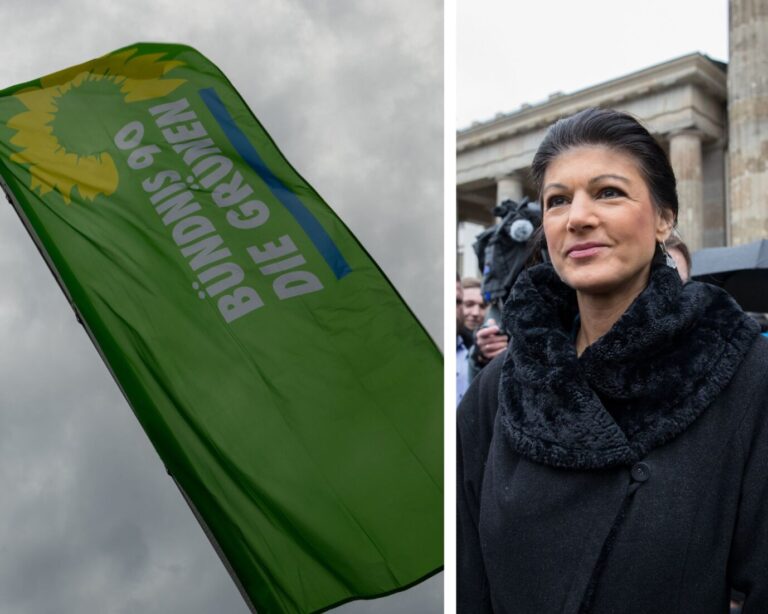 Obwohl Wagenknecht die Grünen selbst unlängst als „gefährlichste Partei“ im Bundestag bezeichnet hat, gehen ihre Anhänger in Sachsen nun mit ihnen zusammen Foto:picture alliance/dpa | Stefan Puchner/ picture alliance / ZUMAPRESS.com | Michael Kuenne
