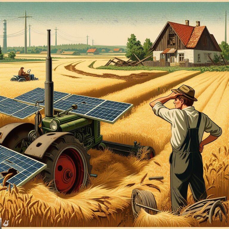 Auf der KI-generierten Zeichnung befindet sich ein Bauer, der verzweifelt auf seinen solaren E-Traktor schaut. E-Traktoren werden derzeit als Alternative zum Dieselmotor auf dem Land verkauft. (Themenbild/Symbolbild)