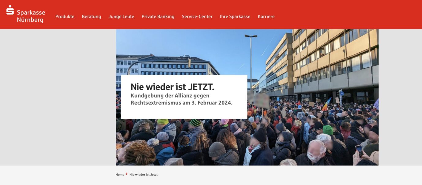 Demoaufruf auf der Internetseite der Nürnberger Sparkasse