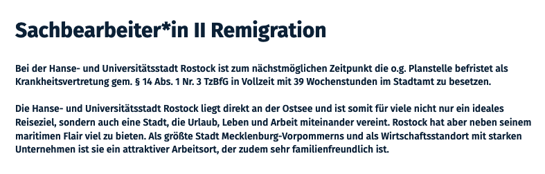 Ausschnitt aus der Stellenanzeige der Hansestadt Rostock zum Thema Remigration