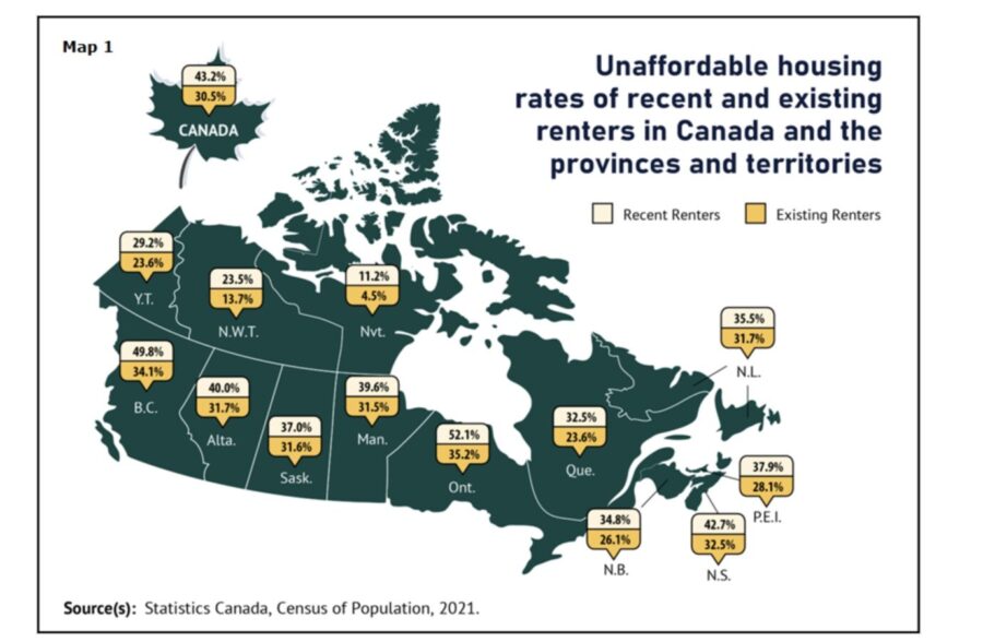Anteil unerschwinglicher Wohnungen in den verschiedenen kanadischen Provinzen für Neu- und Bestandsmieter 