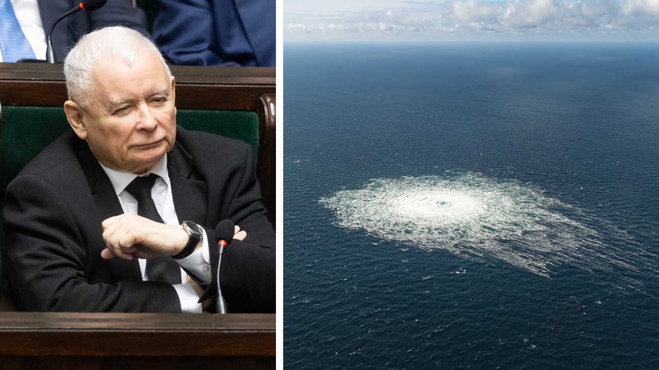 Jaroslaw Kaczyński, Polens starker Mann bis Dezember, und das austretende Gas der Nord Stream Pipelines nach dem Anschlag.