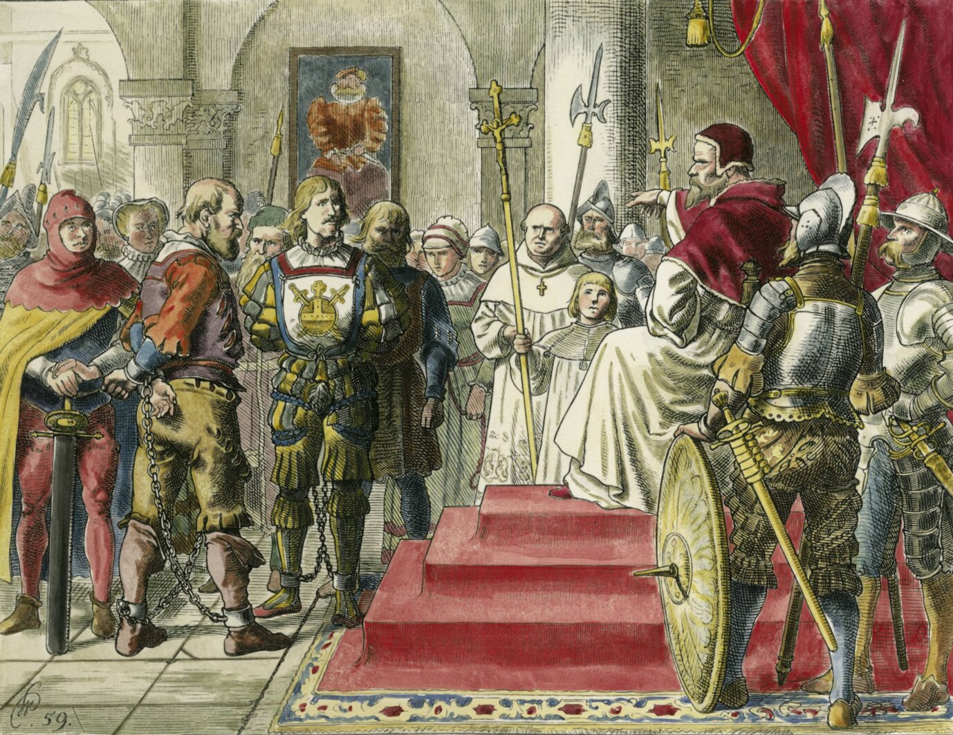 Die gefangenen Wiedertäufer werden dem Bischof von Waldeck vorgeführt.