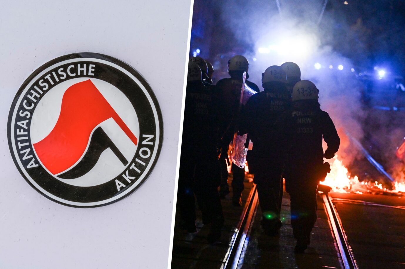 Polizisten im Einsatz auf einer Leipziger Antifa-Demo für Lina E von der „Hammerbande“ Fotomontage:picture alliance/dpa | Hendrik Schmidt/ picture alliance / Schoening | Schoening