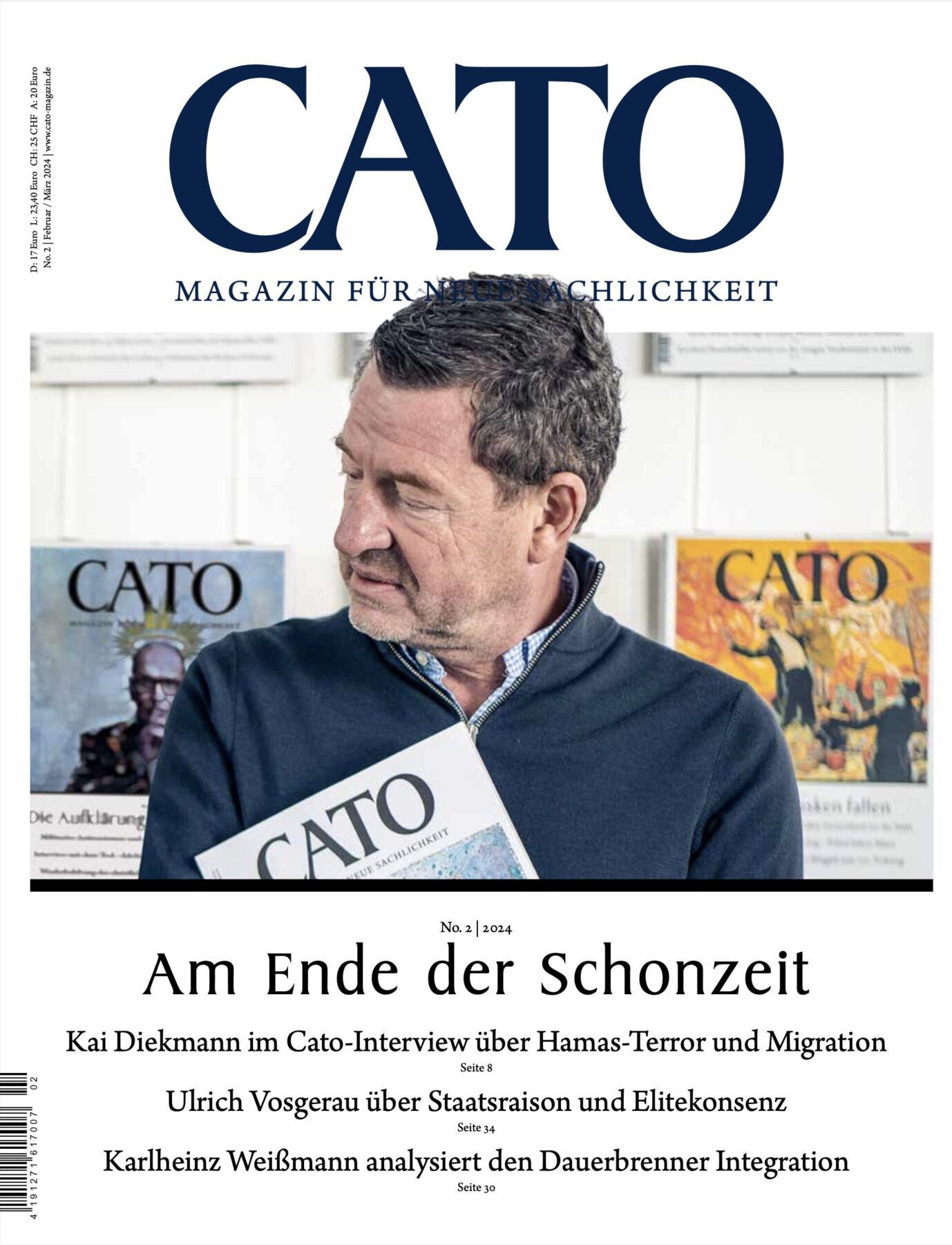 Aktuelles Cover des Magazin Cato. Es ist ein Magazin für neue Sachlichkeit. Hier steht rechts der Ex-Bild-Chef Kai Diekmann und guckt auf den Cato-Chefredakteur Ingo Langner.