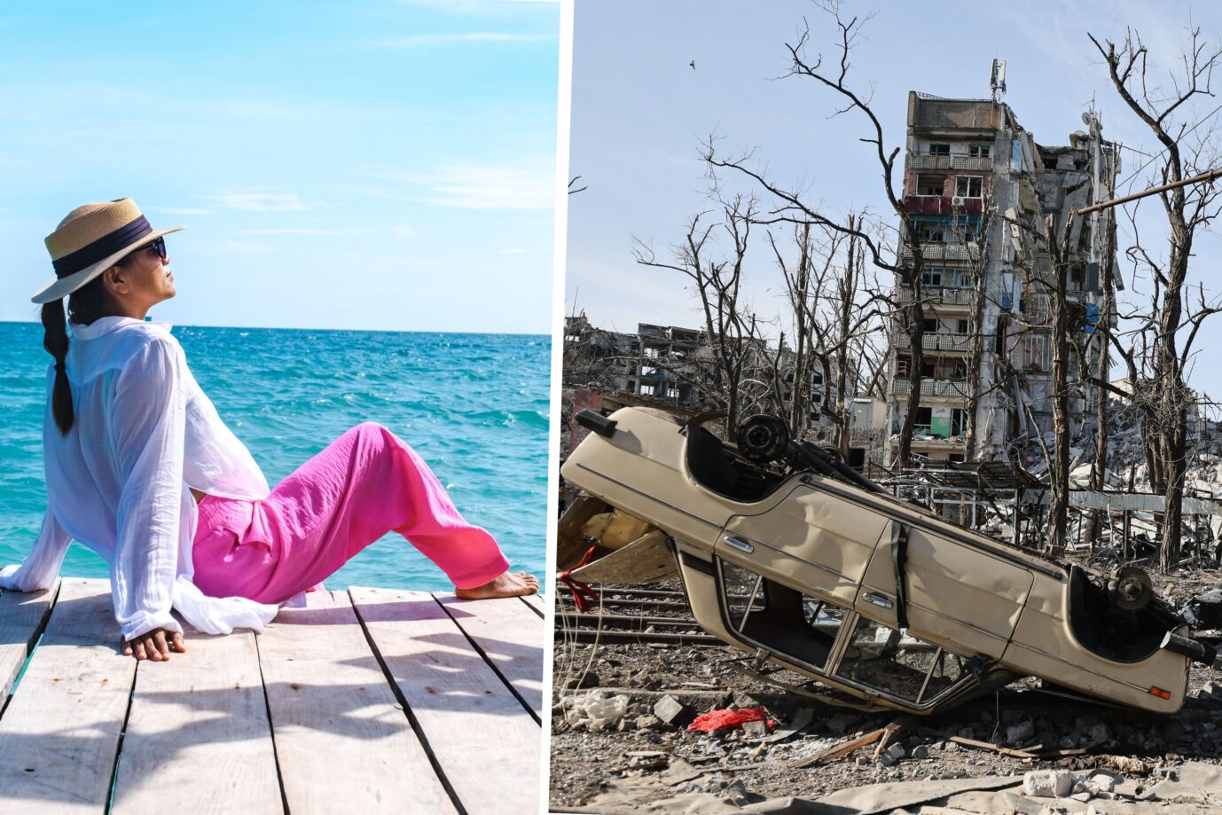 Eine Frau im Urlaub und ein zerbombtes Haus in Donezk: Tourismus in Kriegsgebiete ist ein florierendes Geschäft.