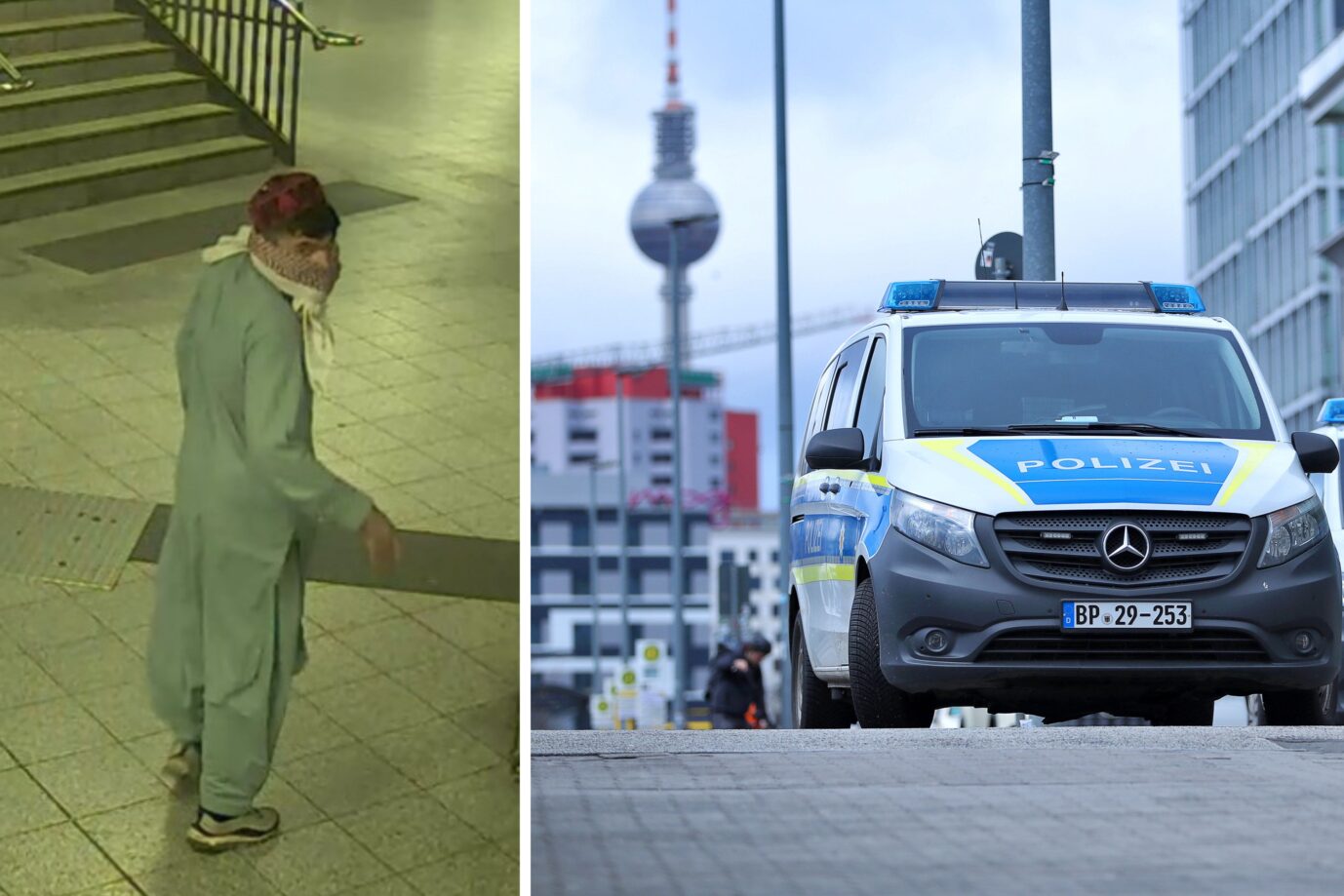 Fahndungsaufruf der Berliner Polizei links und Polizeiazos der Berliner Polizei
