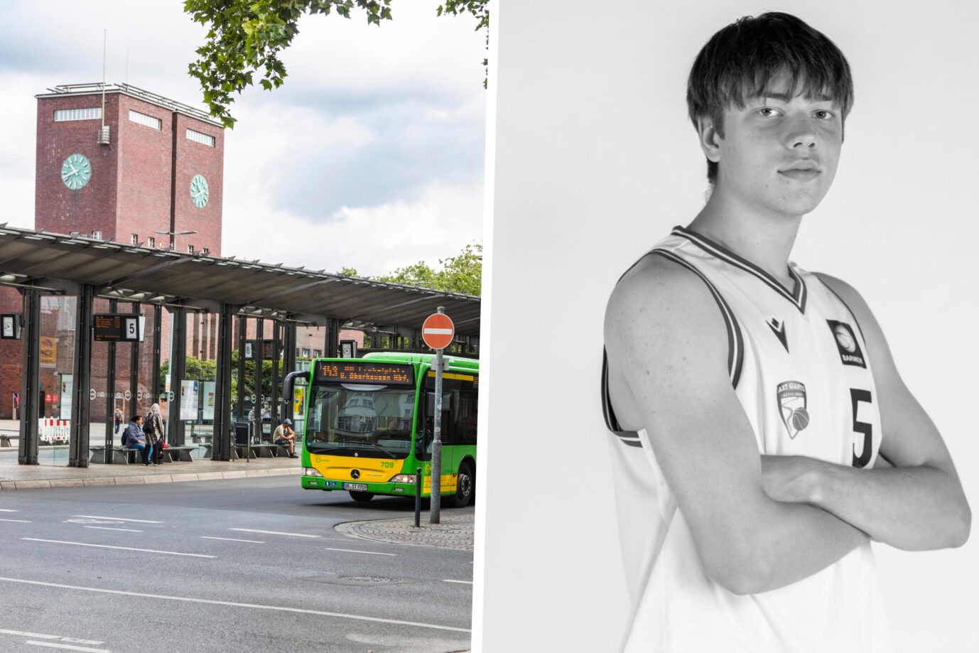 Der Oberhausener Hauptbahnhof und der zweite verstorbene ukrainische Basketballspieler Fotomontage: picture alliance / imageBROKER | Olaf Döring | Instagram Art Giants