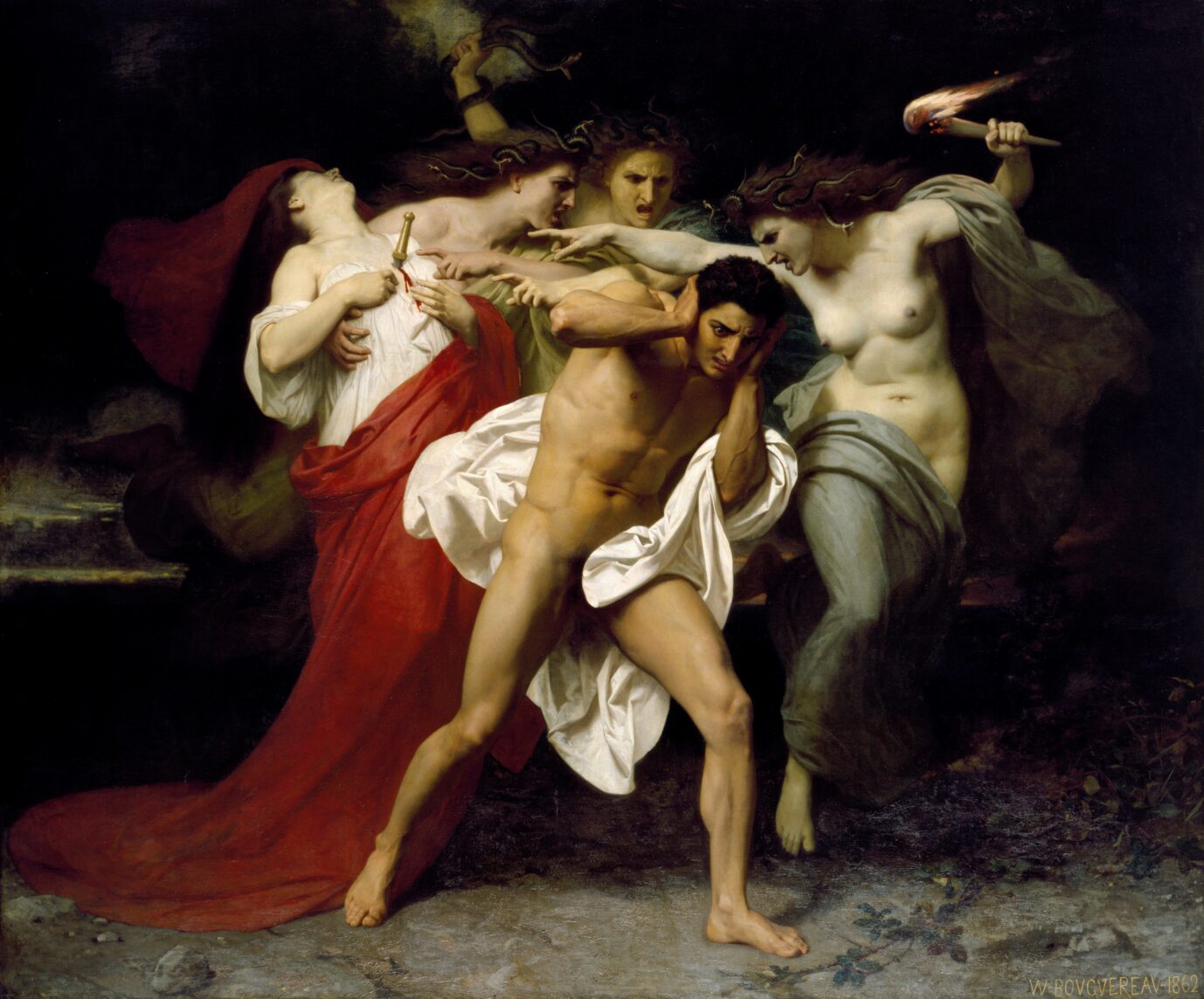 Das Beitragsbild ist ein Gemälde William Adolphe Bouguereau namens "Orestes und die Erinnyen". Als Rachegöttinnen symbolisieren sie hier die Skrupellosigkeit der Woken. (Symbolbild)