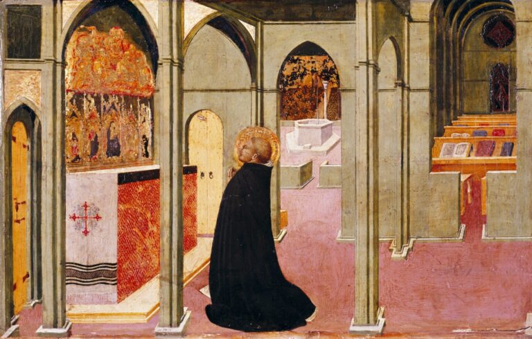 „Der heilige Thomas von Aquin im Gebet vor dem Altar der Heiligen Jungfrau“, gemalt von Stefano di Giovanni Sassetta, 15. Jh.