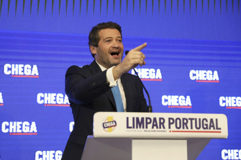 Andre Ventura, leader of populist right wing party Chega, addresses supporters after the announcement of results for Portugal's general election in Lisbon, Monday, March 11, 2024. (AP Photo/Joao Henriques)