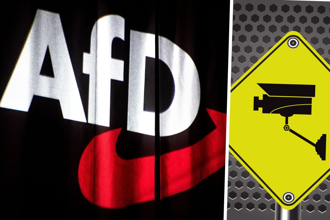 Das Logo der AfD beim Bundesparteitag 2019 und ein Schild mit einer Kamera: Die Partei liefert sich derzeit einen Rechtsstreit mit dem Verfassungsschutz.