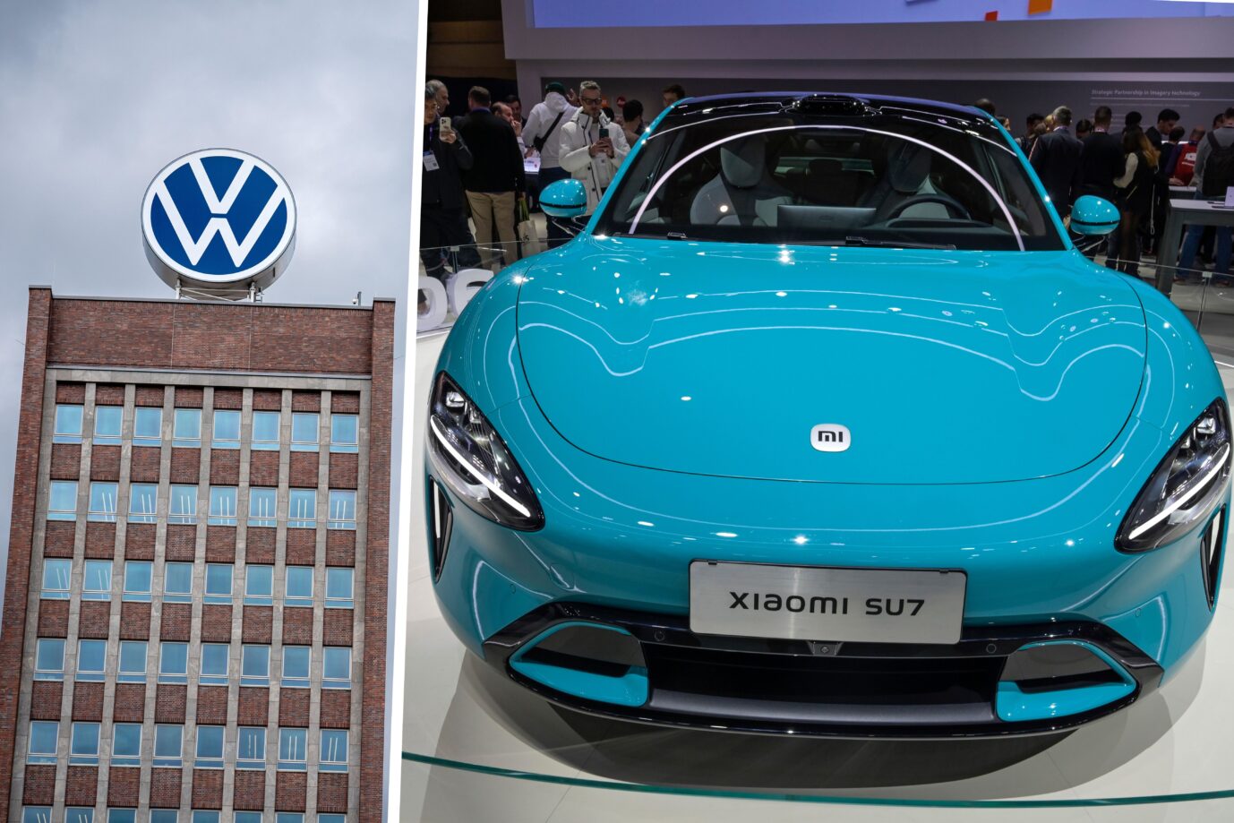 Das Volkswagenwerk in Wolfsburg und das E-Auto SU7 vom chinesischen Hersteller Xiaomi: Kampf um die Marktmacht.