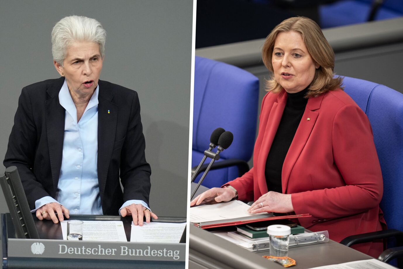 Die Vorsitzende vom Verteidigungsausschuß, Marie-Agnes Strack-Zimmermann (links, FDP) und Bundestagspräsidentin Bärbel Bas (SPD): Öffentlicher Zwist nach Informations-Leck.