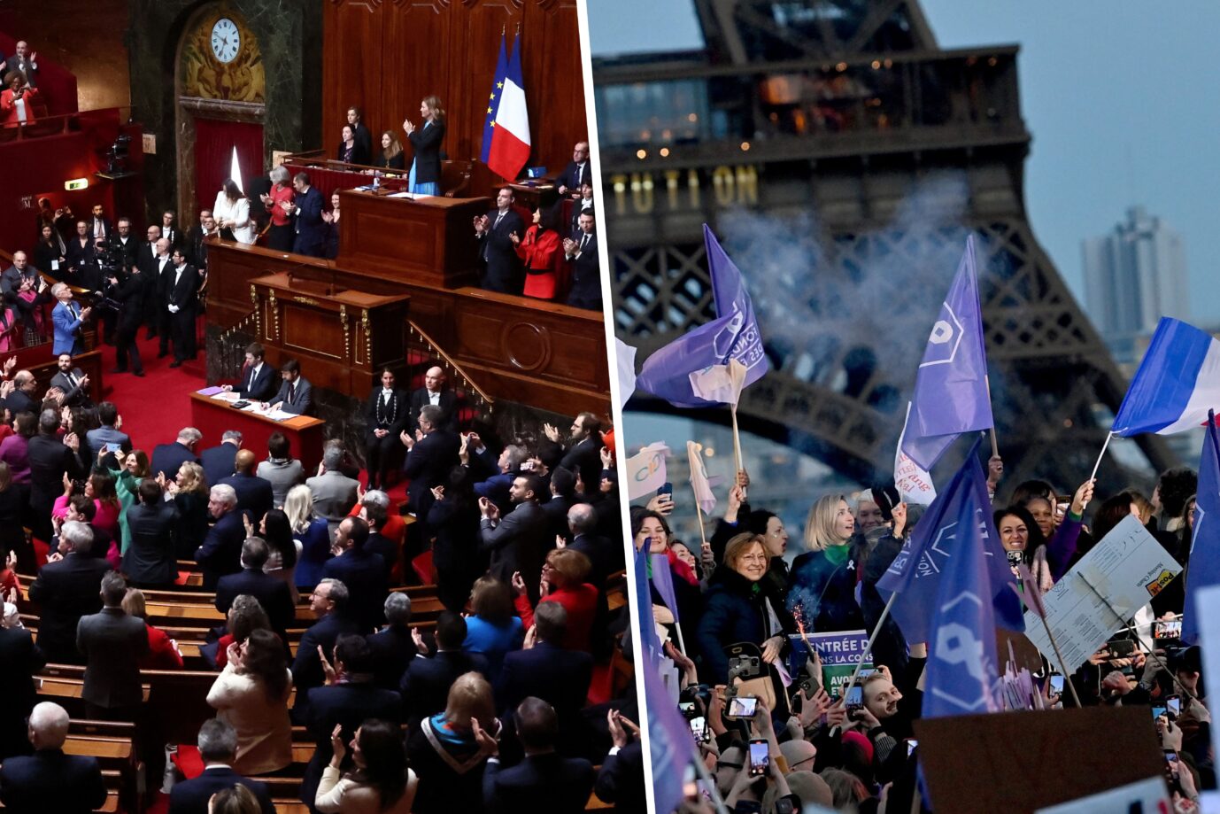 Frankreichs Kongress applaudiert der Aufnahme des Rechts auf Abtreibung in die Verfassung, rechts eine Demonstration für das Vorhaben