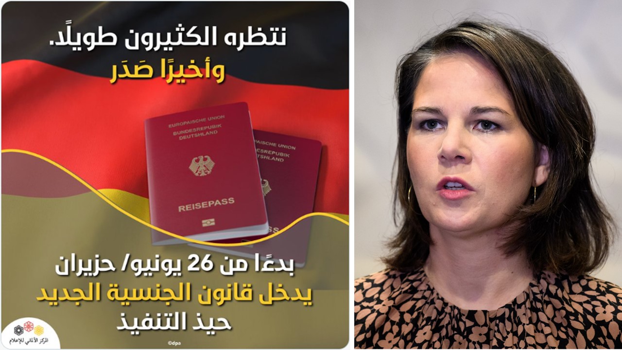 Der Werbe-Tweet auf Arabisch für die Einbürgerung und die Verantwortliche, Außenministerin Annalena Baerbock (Grüne).