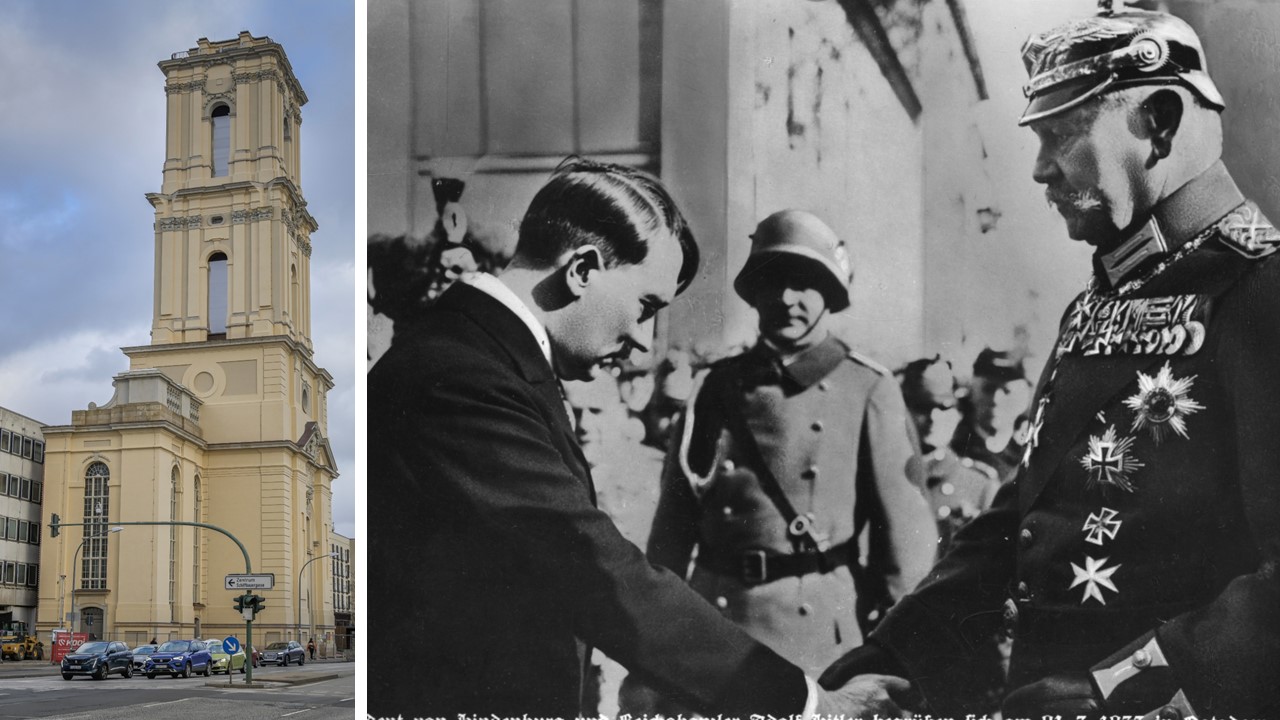 Der wiederaufgebaute Turm der Garnisonkirche und der Händedruck zwischen Hindenburg und Hitler am „Tag von Potsdam“ 1933.