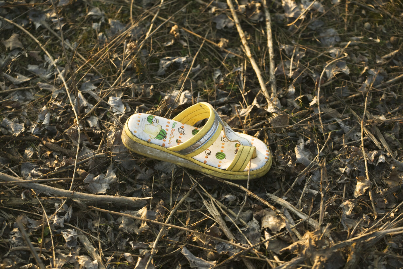 Eine gelbe Kindersandale liegt auf einem verwilderten Untergrund. In Rheinland-Pfalz wurde ein zwölfjähriges Mädchen von zwei Bulgaren vergewaltigt.