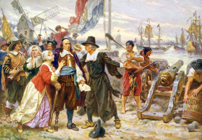 Siedler von Neu-Amsterdam bedrängen Peter Stuyvesant (blaue Schärpe), die Ortschaft kampflos an die Briten zu übergeben; die Übernahme und Umbenennung in New York folgte.