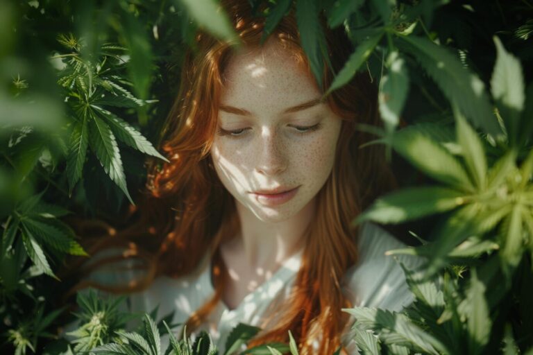 Ein rothaariges junges Mädchen steht zwischen Cannabis-Pflanzen und schaut nachdenklich. Hat sie etwa fett einen durchgezogen?