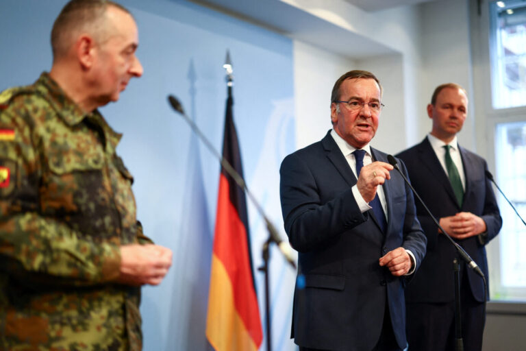 Inspector General of the Bundeswehr Carsten Breuer and State Secretary in the Federal Ministry of Defence Nils Hilmer listen as German Defence Minister Boris Pistorius announces the decision of the new general structure of the armed forces, in Berlin, Germany April 4, 2024. REUTERS/Lisi Niesner