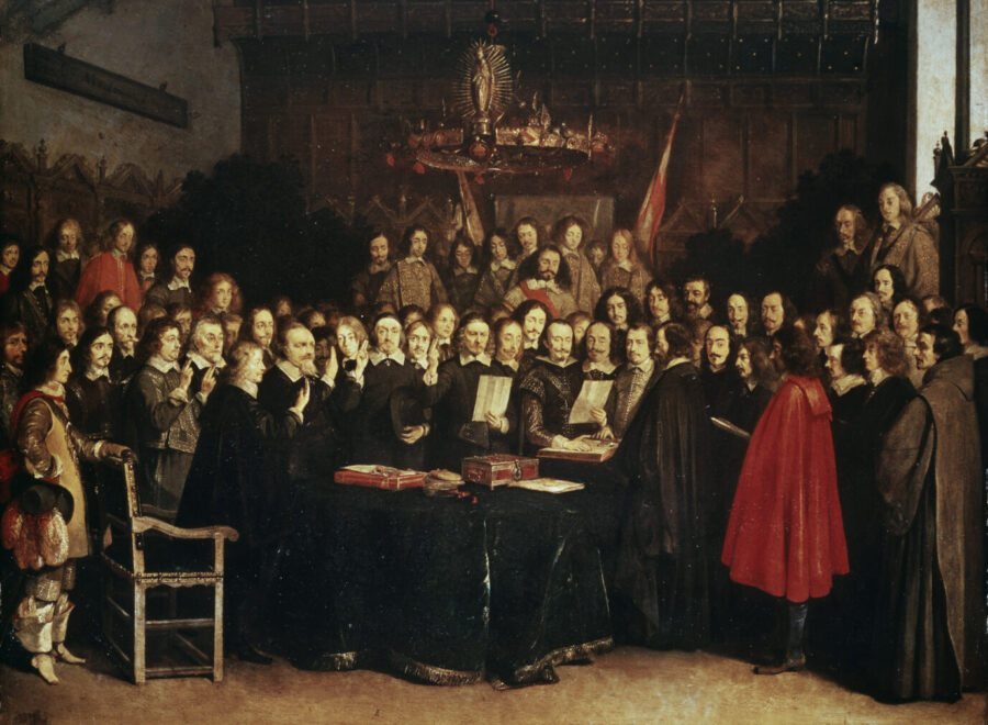 Auf dem Gemälde befindet sich der Westfälische Frieden im Jahr 1648, welches als Geburtsstunde des modernen Völkerrechts angesehen wird. Dies soll als Symbolbild für die Rezension eines Buches über die ungleiche Ahndung von Kriegsverbrechen einstehen. (Themenbild/Symbolbild)
