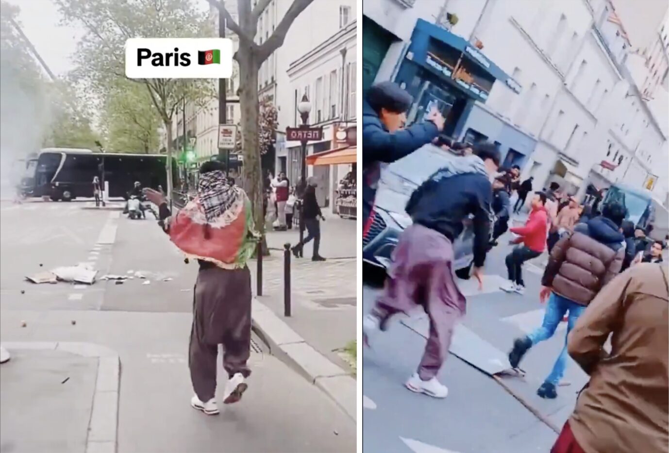 Ein Mann mit Palästinensertuch und afghanischer Fahne, sowie Gruppen junger Afghanen randalieren in Paris