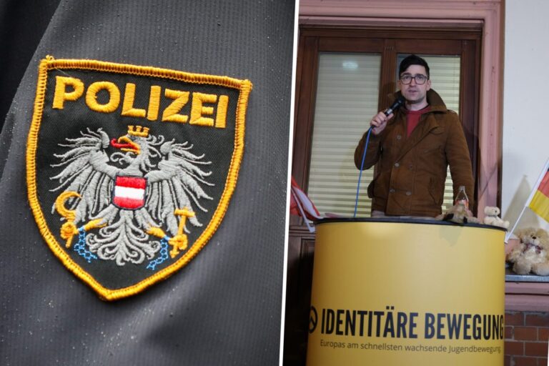 Das Wappen der Polizei in Wien ist links und rechts daneben steht Martin Sellner und hält eine Rede